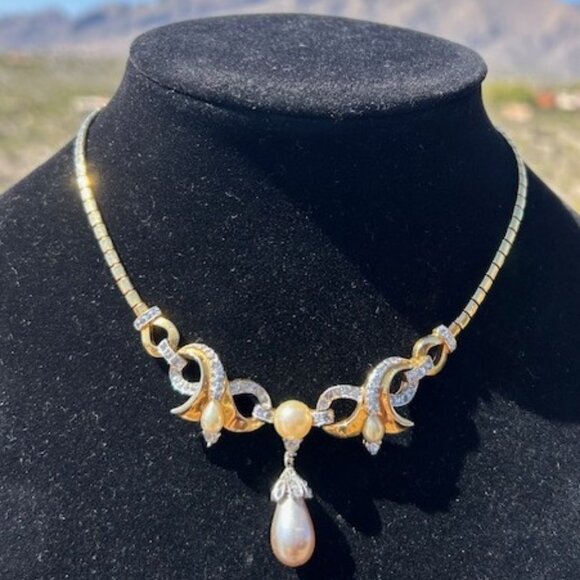 KRAMER Regal Gold Pearl and Rhinestone Choker NECKLACE - Picture 2 of 11